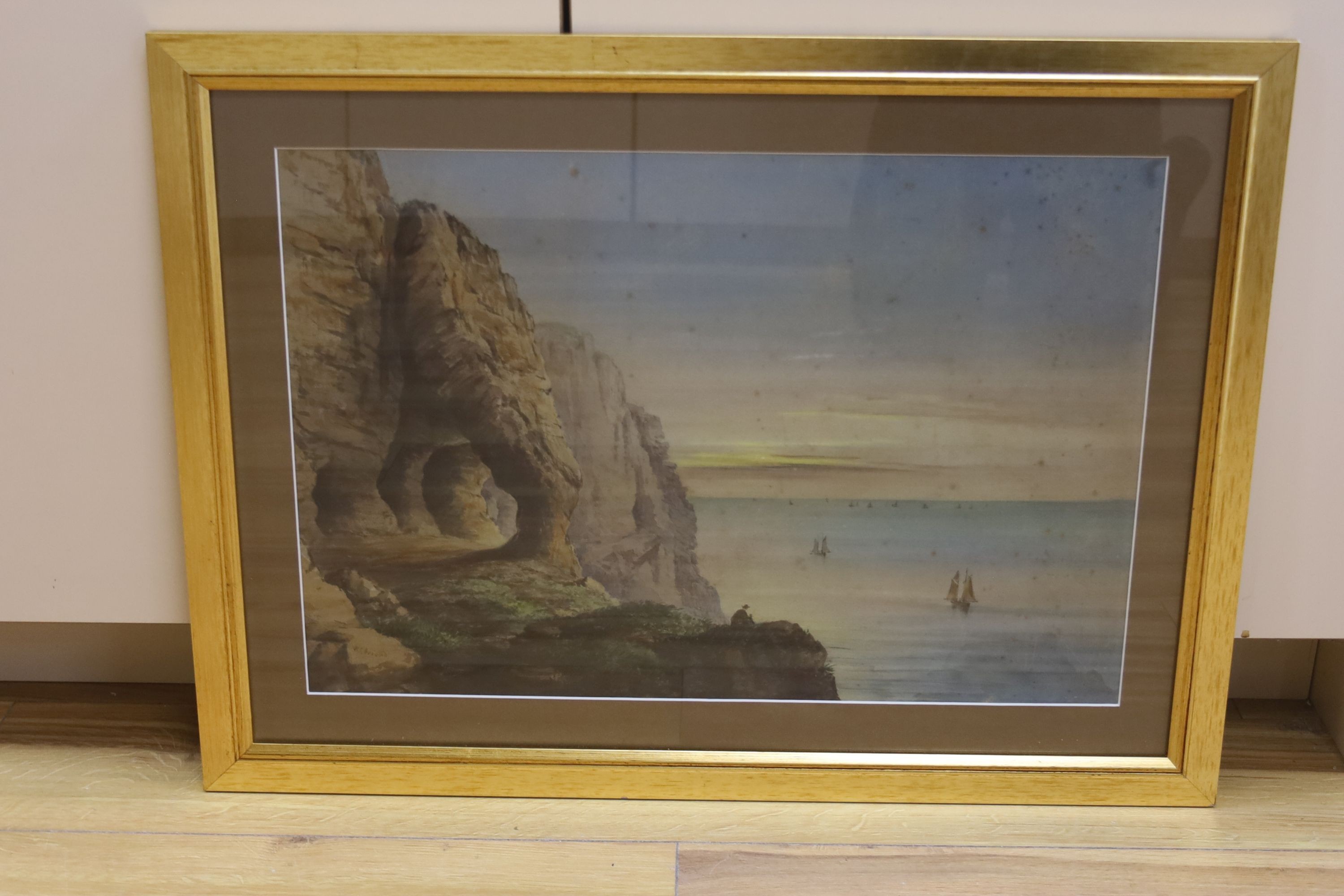 Washington F. Friend (Canadian, 1820-1886), watercolour, Coastal landscape with sea cliffs, signed, 34 x 51cm